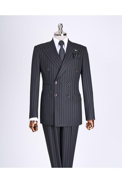 TerziAdemAltun Black Slim Fit Striped Double Breasted Jacket and Pants Set - T13491