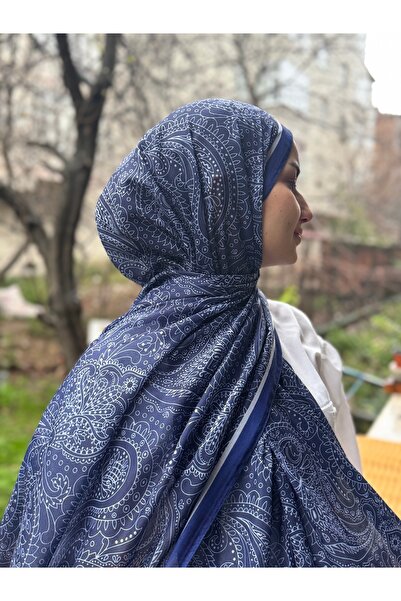 shalby Hijab Paisley Model Bumbac Şal Albastru închis