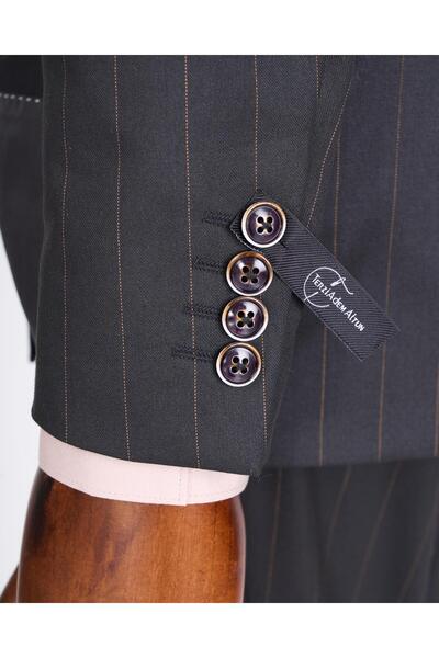 TerziAdemAltun İtalyan stil slim fit çizgili kruvaze ceket pantolon takım elbise siyah T13191