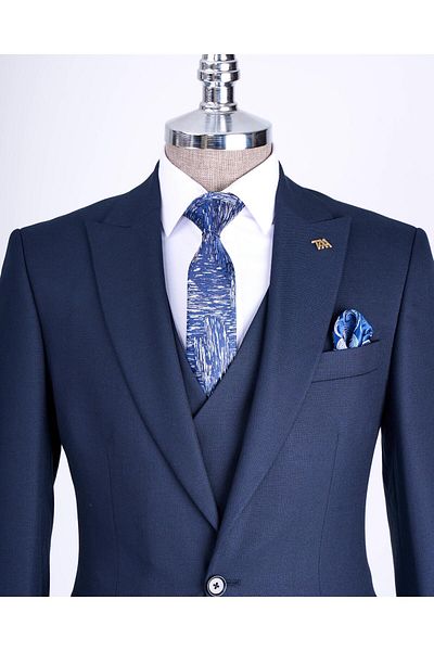 TerziAdemAltun Navy Blue Slim Fit Italian Style Jacket Vest Pants Set - T13057