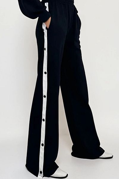 VAGGON Women's Navy Blue Wide Leg Pants with Double Pockets and Elastic Sides Stripe Prmx12713