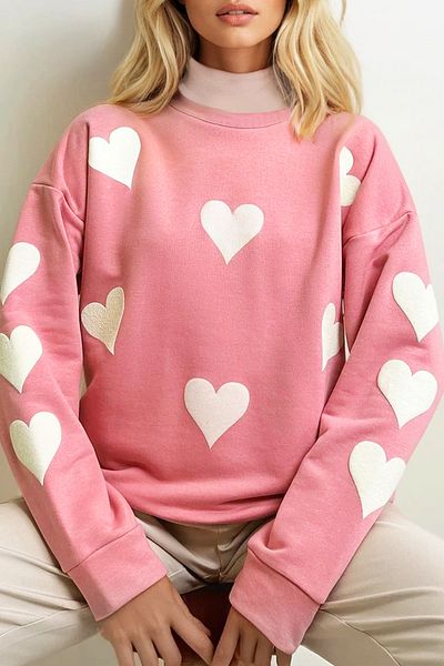 VAGGON Γυναικείο φούτερ με στάμπα ροζ καρδιάς Oversize - Crew Neck, 2 Thread Prmx13314