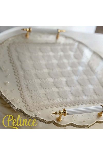 Home Epoxy Resin Lace Tray - Square Lace with Pearls - Diameter: 33 cm