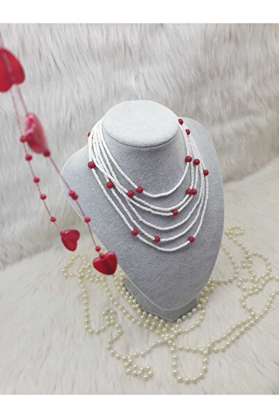HAPPY HANDMADE DOLAMALI UZUN BEYAZ KIRMIZI KOLYE