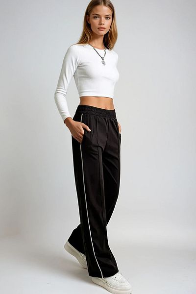 VAGGON Women's Brown Side Stripe Front Grass Double Pocket Retro Trousers Prmx12493