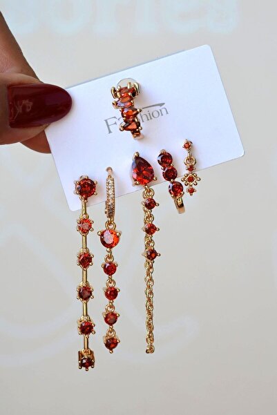 Sacce Scarves&Accessories Kırmızı Taşlı Su Yolu Işık Seli Küpe Seti 6 Parça