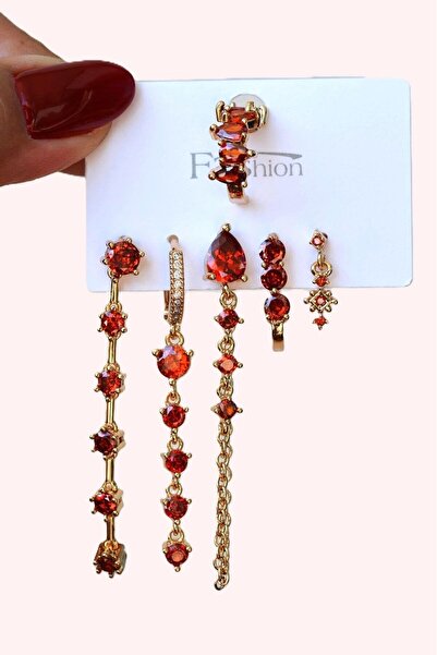 Sacce Scarves&Accessories Kırmızı Taşlı Su Yolu Işık Seli Küpe Seti 6 Parça