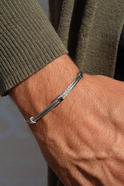 Sacce Scarves&Accessories İnce Hasır Örgü Çelik Erkek Bileklik Gümüş Renk