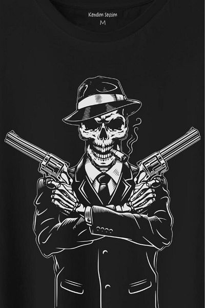 Kendim Seçtim Unisex Skeleton Gangster Revolvers Suit - Μπλουζάκι με στάμπα με πιστόλι