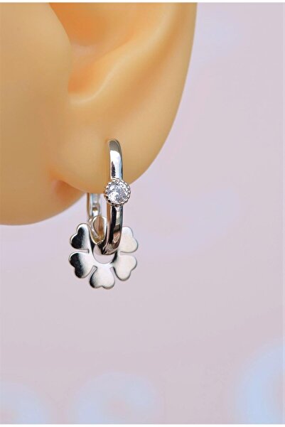 Sacce Scarves&Accessories Gümüş Renkli Taşlı Göçmen Küpesi Çiçekli Oval Halka Küpe