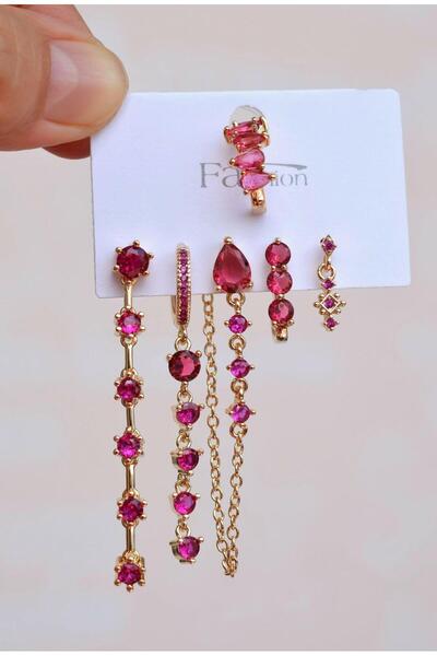 Sacce Scarves&Accessories Fuşya Pembe Taşlı Su Yolu Işık Seli Küpe Seti 6 Parça