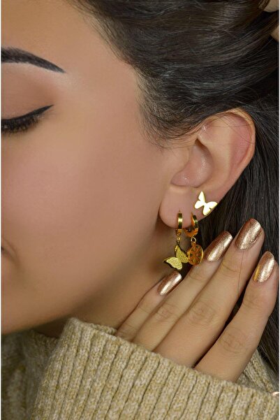 Sacce Scarves&Accessories مجموعة حلق ثلاثية من الفولاذ على شكل فراشة ذهبية