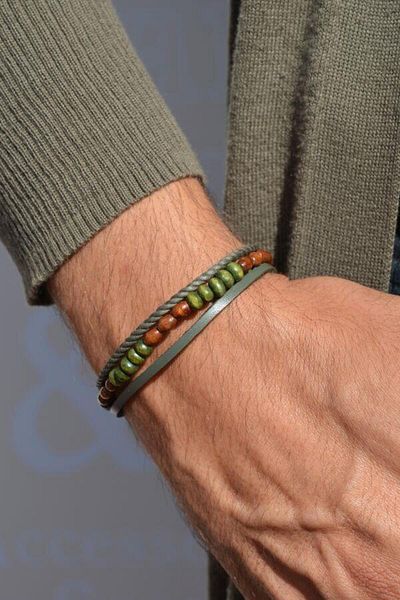 Sacce Scarves&Accessories Green Brown Men's Leather Bracelet - Natural Stone Leather, Multiple Rows