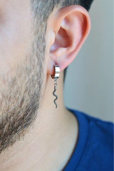 Sacce Scarves&Accessories Men's Silver Colored Snake Figured Steel Hoop Earrings