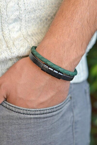 Sacce Scarves&Accessories سوار جلد رجالي أخضر أسود