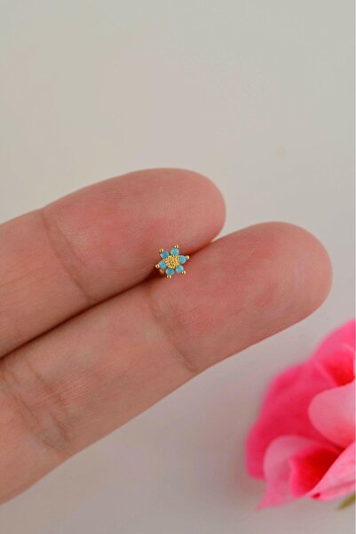 Sacce Scarves&Accessories Gold Mini Mavi Çiçek Piercing Helix Kıkırdak Lob