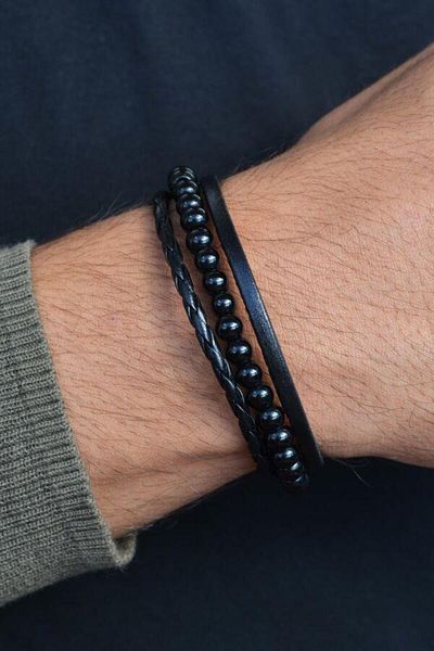Sacce Scarves&Accessories Natural Stone Leather Multiple Rows Men's Leather Bracelet Black