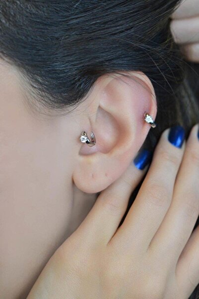 Sacce Scarves&Accessories Tektaş Halka Tragus Piercing Helix Kıkırdak Küpesi Gümüş Renk