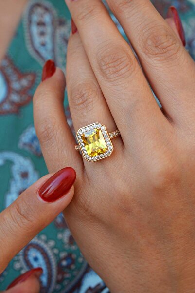 Yellow Zircon Rectangular Baguette Gemstone Ring Size 16
