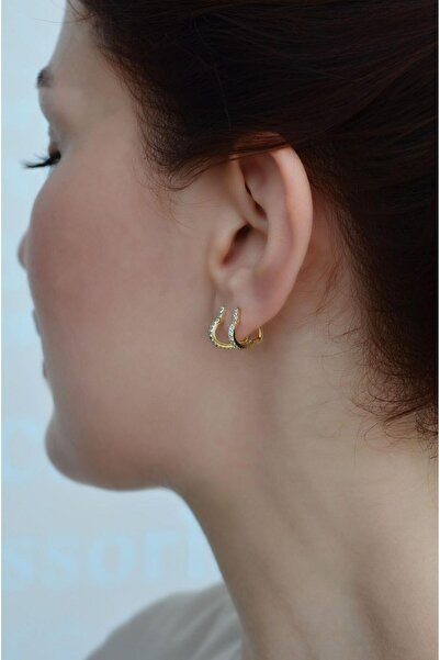 Sacce Scarves&Accessories Küçük Kalp Küpe Taşlı İnce Gold Renk Lob Kıkırdak Helix Uyumlu