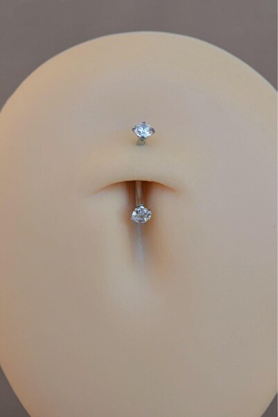 Sacce Scarves&Accessories Minimal Çelik İki Ucu Taşlı Göbek Piercingi Gümüş Renkli