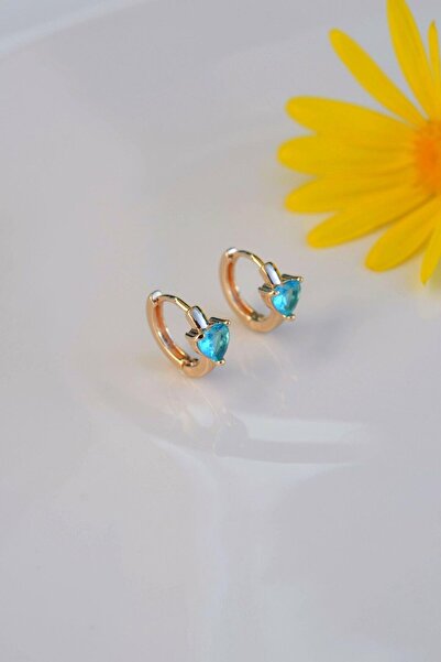 Sacce Scarves&Accessories Turquaz Mavi Kalp Taşlı Mini Halka Küpe