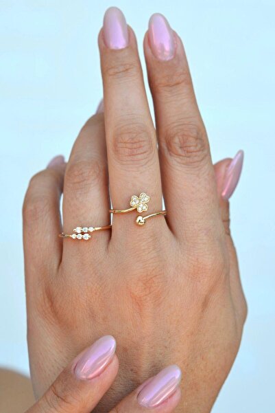 Sacce Scarves&Accessories Zirkon Taşlı Şans Yoncalı Yüzük Ayarlanabilir Eklem Yüzüğü İnce Yüzük Seti Gold