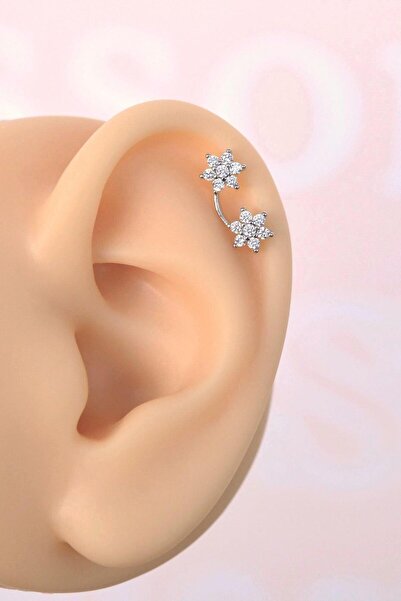 Sacce Scarves&Accessories İki Çiçekli Helix Piercing Kıkırdak Lob Gümüş Renk