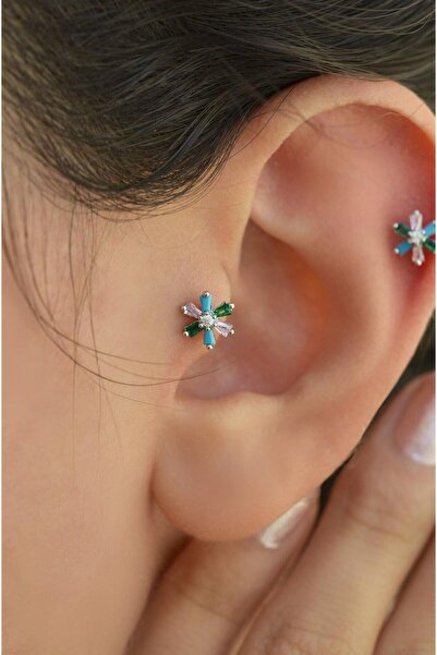 Sacce Scarves&Accessories Renkli Çiçek Tragus Piercing Helix Kıkırdak Gümüş Renk