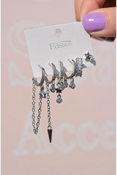 Sacce Scarves&Accessories Asimetrik Zincir Sallantılı Küpe Seti 6 Parça Gümüş Renkli