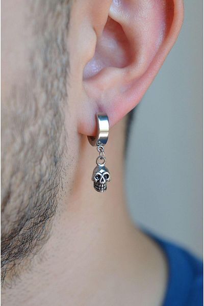 Sacce Scarves&Accessories Men's Silver Colored Skull Figured Steel Hoop Earrings - Antique Skull