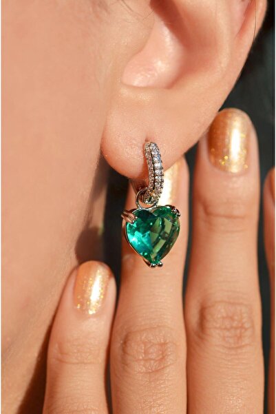 Sacce Scarves&Accessories Yeşil Zirkon Kalp Sallantılı Küpe