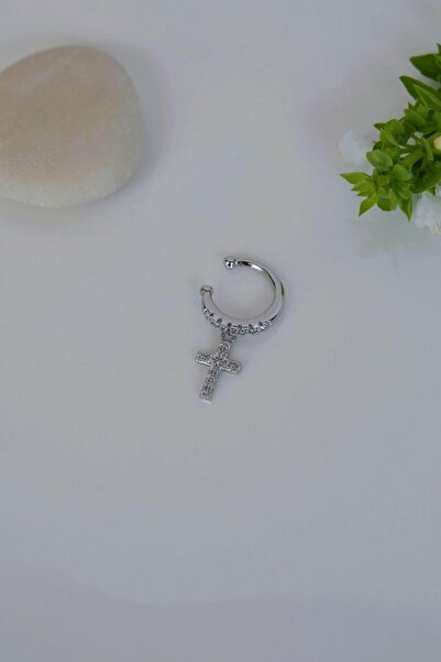 Sacce Scarves&Accessories Zirkon Taşlı Cross Sallantılı Earcuff Sıkıştırmalı Kıkırdak Küpesi