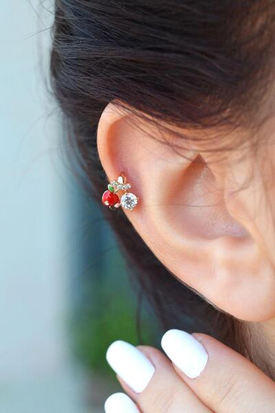 Sacce Scarves&Accessories Kırmızı Renkli Kiraz Mini Halka Piercing Tragus Kık...