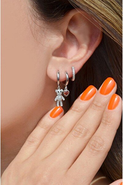 Sacce Scarves&Accessories Ayıcık Kalp Detaylı 3'lü Küpe Seti Gümüş Renk