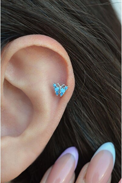 Sacce Scarves&Accessories Gümüş Renkli Mavi Kelebekli Helix Piercing Kıkırdak...