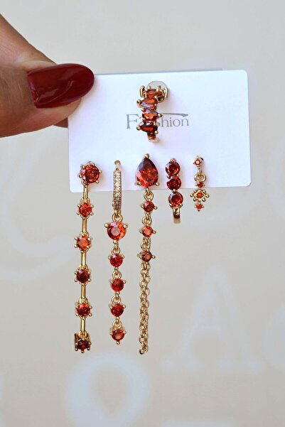 Sacce Scarves&Accessories Kırmızı Taşlı Su Yolu Işık Seli Küpe Seti 6 Parça