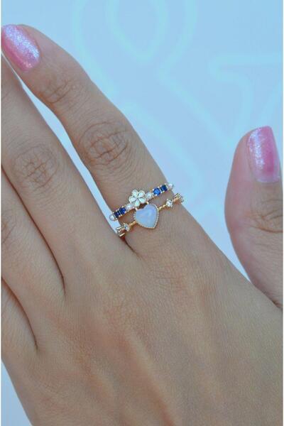 Two-Row Heart Colorful Ring with Flower and Navy Blue Gemstone