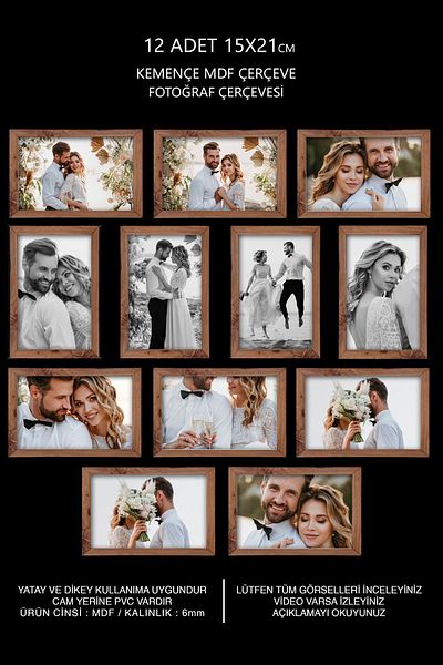 Bytwo 12 Pieces 15x21 MDF Photo Frame - Kemenç Wood and PVC Detailed, A5 Size