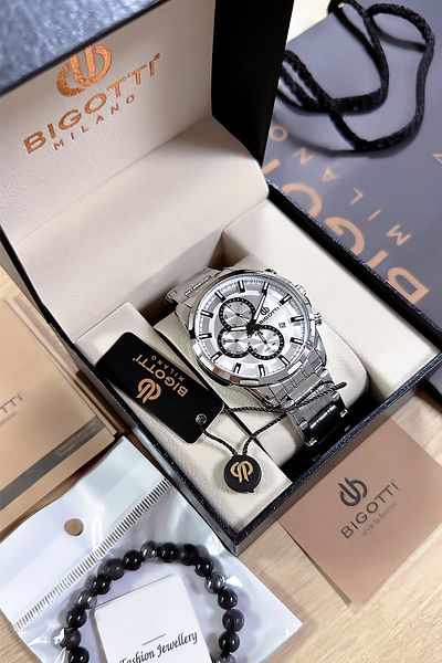 Bigotti Custom Boxed 5 Atm Waterproof Men Wristwatch Silver Color Steel Band + Gift Bracelet Bme2017C4