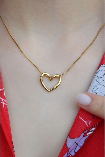 Nehir Steel Knot Heart Necklace Empty Heart Model Gold Color