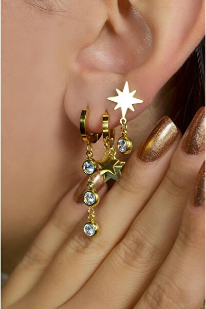 Sacce Scarves&Accessories مجموعة أقراط جولد ستون ستار ستيل ثلاثية