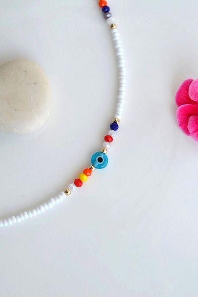 Sacce Scarves&Accessories White Sand Beaded Anklet Small Evil Eye Beaded Anklet
