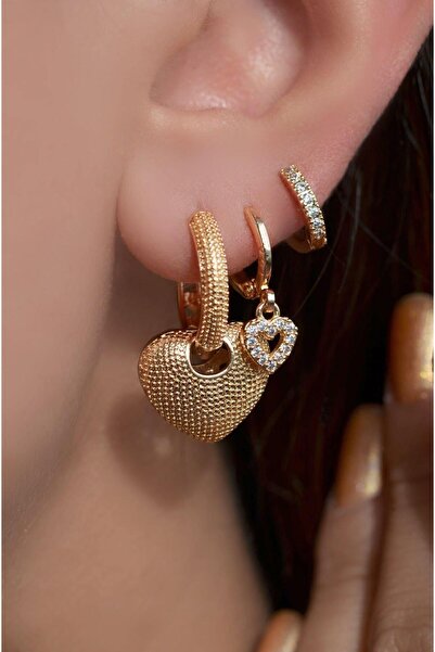 Sacce Scarves&Accessories مجموعة حلق ثلاثية مفصلة على شكل قلب