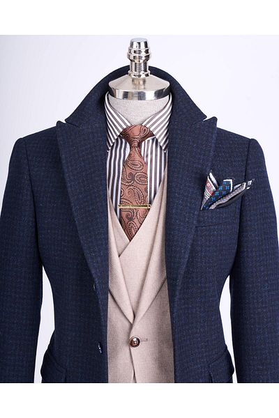 TerziAdemAltun Italian Style Slim Fit Pointed Collar Wool Blended Cashew Men's Coat Navy Blue T13442