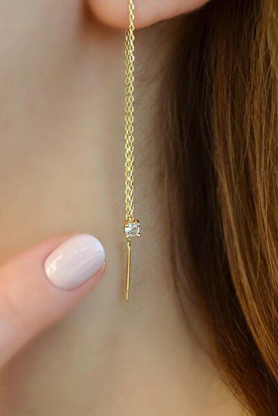 Sacce Scarves&Accessories 3 mm Tektaşlı Uzun Zincir Küpe Geçmeli Dolanan Zincirli Küpe