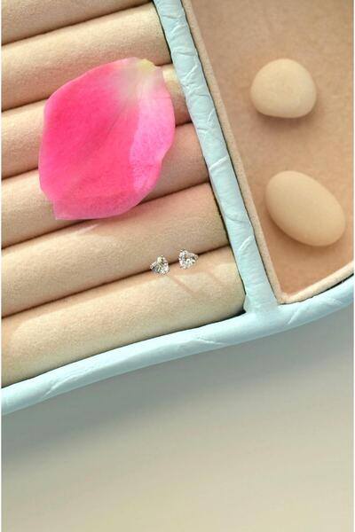 Sacce Scarves&Accessories Gümüş Renkli Mini Tektaş Kalp Küpe Kalp Taşlı Küpe Kalpli Küpe 3 mm