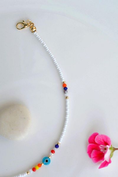 Sacce Scarves&Accessories White Sand Beaded Anklet Small Evil Eye Beaded Anklet