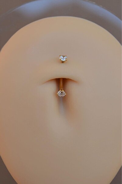 Sacce Scarves&Accessories Minimal Çelik İki Ucu Taşlı Göbek Piercingi Gold Renkli