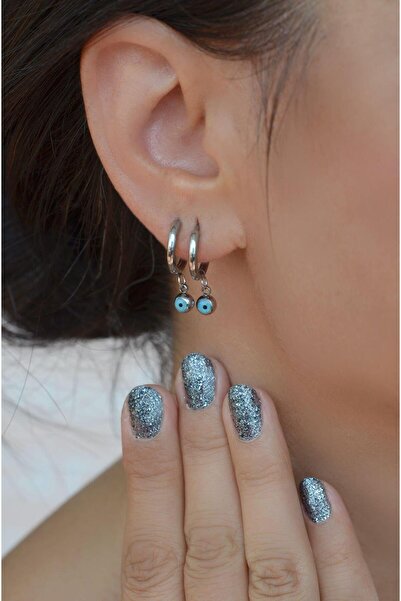 Sacce Scarves&Accessories Nazar Boncuklu Çelik Halka Küpe Gümüş Renk